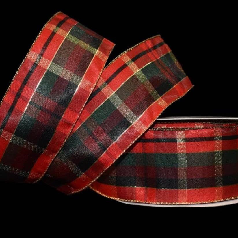 1 Pcs 2 1/2"W Plaid Wired Ribbon Red Green Gold Color 5 Yards, Ribbon for Gift Wrapping | #AA120RK
