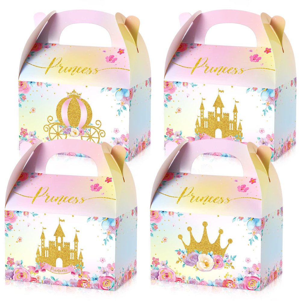 Nezyo Princess and Prince Treat Boxes - Pink & Blue Crown Cardboard Goodie Boxes for Birthday Party Favors(12 Pcs,Princess)