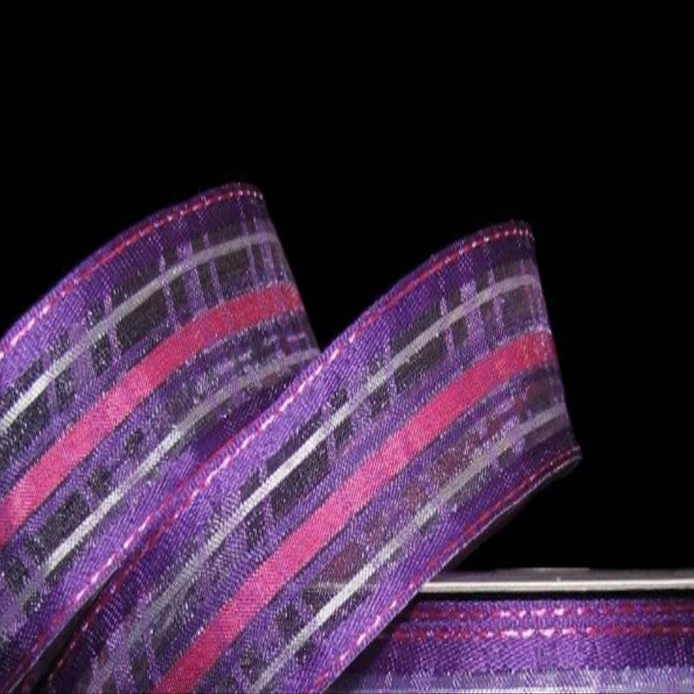 1 Pcs 1 1/2"W Plaid Sheer Wired Ribbon Purple Pink White Color 5 Yards, Ribbon for Gift Wrapping | #AA120RK