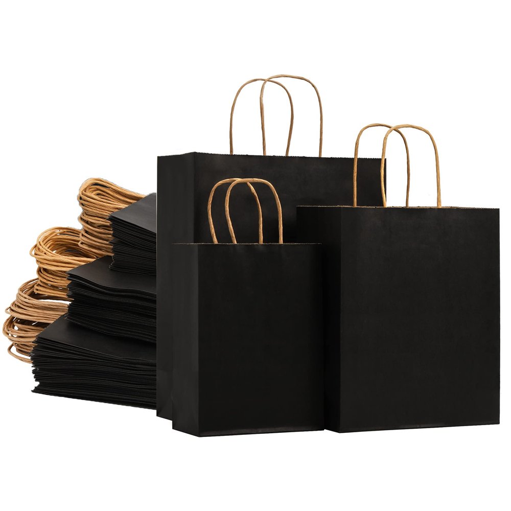 Nicunom 120 Pack Black Kraft Paper Bags with Handles Bulk, 3 Size Paper Gift Bags for Retail, Party Favor, Grocery, Birthday, Shopping, Wedding, Business, Merchandise