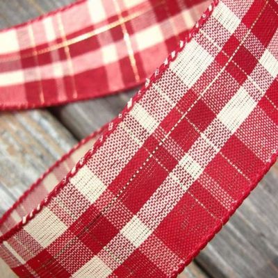 1 Pcs 1 1/2"W Plaid Wired Ribbon Red Ivory Cream Gold Color 5 Yards, Ribbon for Gift Wrapping | #AA120RK