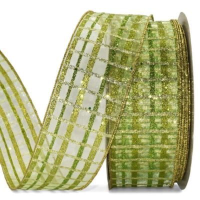 1 Pcs 2 1/2"W Plaid Sheer Wired Ribbon Green Glitter Color 5 Yards, Ribbon for Gift Wrapping | #AA120RK