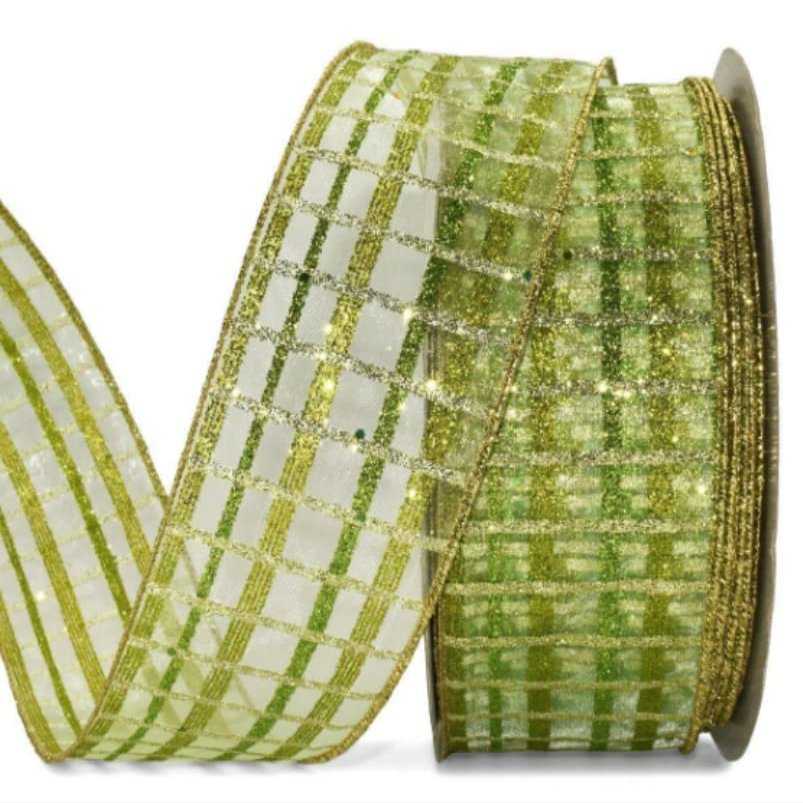 1 Pcs 2 1/2"W Plaid Sheer Wired Ribbon Green Glitter Color 5 Yards, Ribbon for Gift Wrapping | #AA120RK