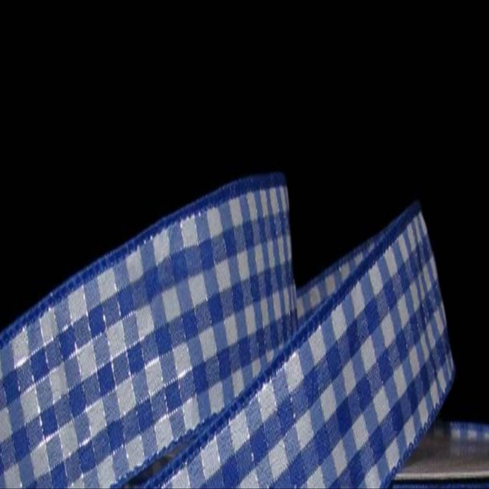 1 Pcs 1 1/2"W Gingham Plaid Wired Ribbon Royal Blue White Silver Color 5 Yards, Ribbon for Gift Wrapping | #AA120RK