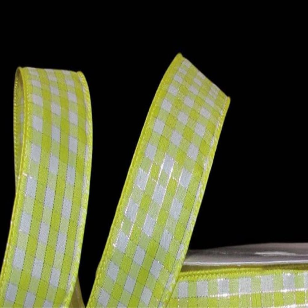 1 Pcs 1 1/2"W Gingham Plaid Wired Ribbon Yellow White Silver Color 5 Yards, Ribbon for Gift Wrapping | #AA120RK