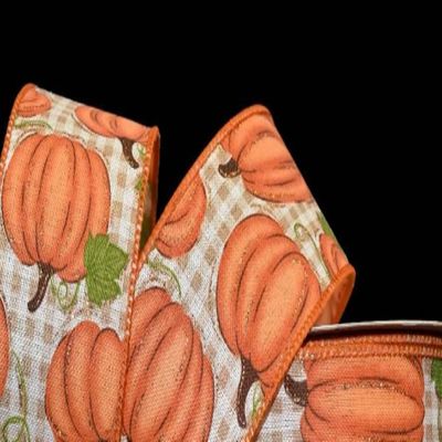 1 Pcs 2 1/2"W Gingham Wired Ribbon Pumpkin Beige White Color 10 Yards, Ribbon for Gift Wrapping | #AA120RK