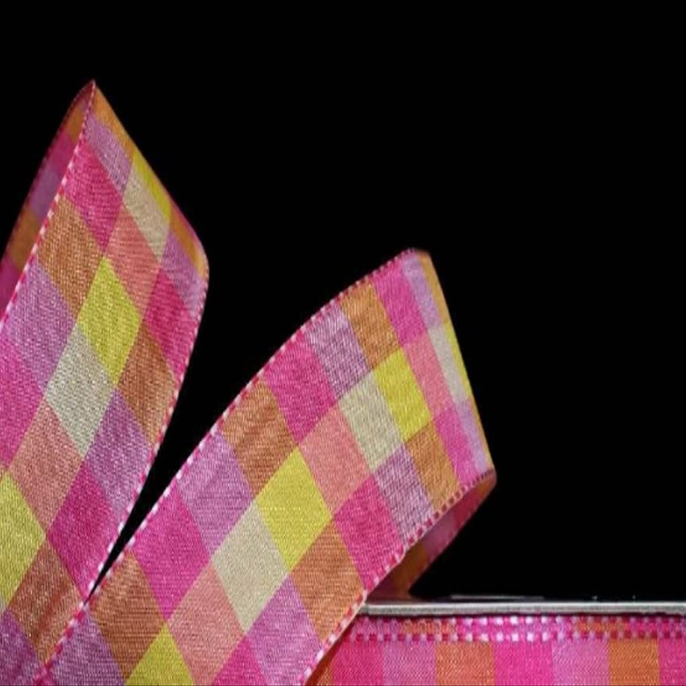 1 Pcs 1 1/2"W Plaid Wired Ribbon Pink Yellow Orange Color 5 Yards, Ribbon for Gift Wrapping | #AA120RK