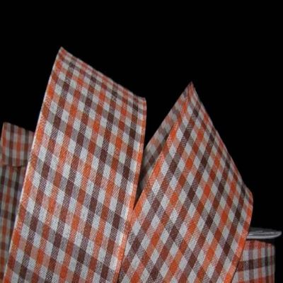1 Pcs 2 1/2"W Gingham Wired Ribbon Orange Brown Ivory Color 10 Yards, Ribbon for Gift Wrapping | #AA120RK
