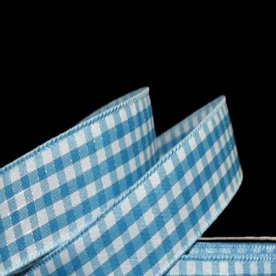 1 Pcs 1 1/2"W Gingham Plaid Wired Ribbon Turquoise Blue Silver White Color 5 Yards, Ribbon for Gift Wrapping | #AA120RK