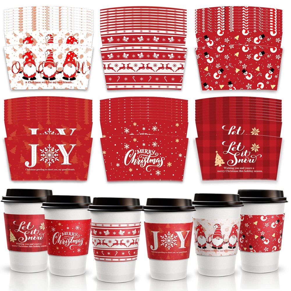 Patelai Christmas Coffee Tea Cup Sleeves Double-layer Paper Sleeves Fit 12 and 16oz Paper Cup Disposable Cup Paper for Hot Chocolate Coffee Tea or Cold Beverage (Stylish Style, 60 Pieces)