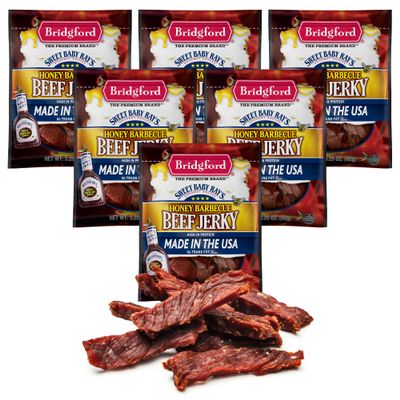 Bridgford Sweet Baby Rays Beef Jerky Honey BBQ 3.25 oz Pack of 6 - High Protein Jerky for Midday Energy Boost or Post Workout Snack - Naturally Smoked Ready-to-Eat Meat Snacks for On the Go Snacking