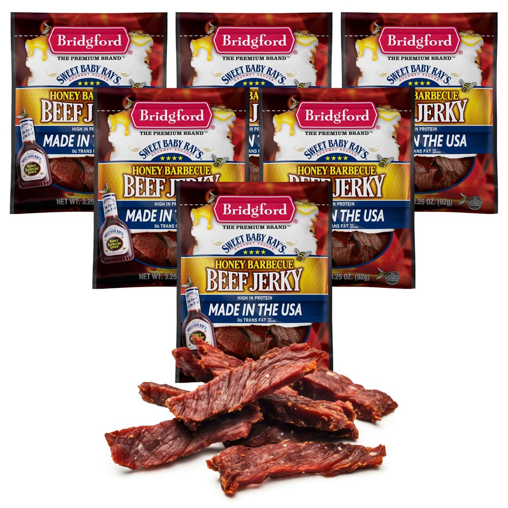Bridgford Sweet Baby Rays Beef Jerky Honey BBQ 3.25 oz Pack of 6 - High Protein Jerky for Midday Energy Boost or Post Workout Snack - Naturally Smoked Ready-to-Eat Meat Snacks for On the Go Snacking