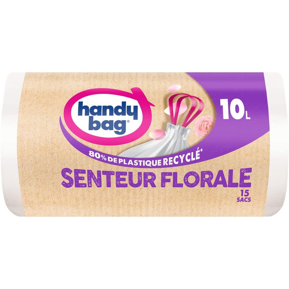 Handy Bag - Bathroom bin bags with sliding handles floral scent 10L x 15 bags - Suitable for small bins - Maximum sealing - Leak-proof bottom - 100% recycled plastic