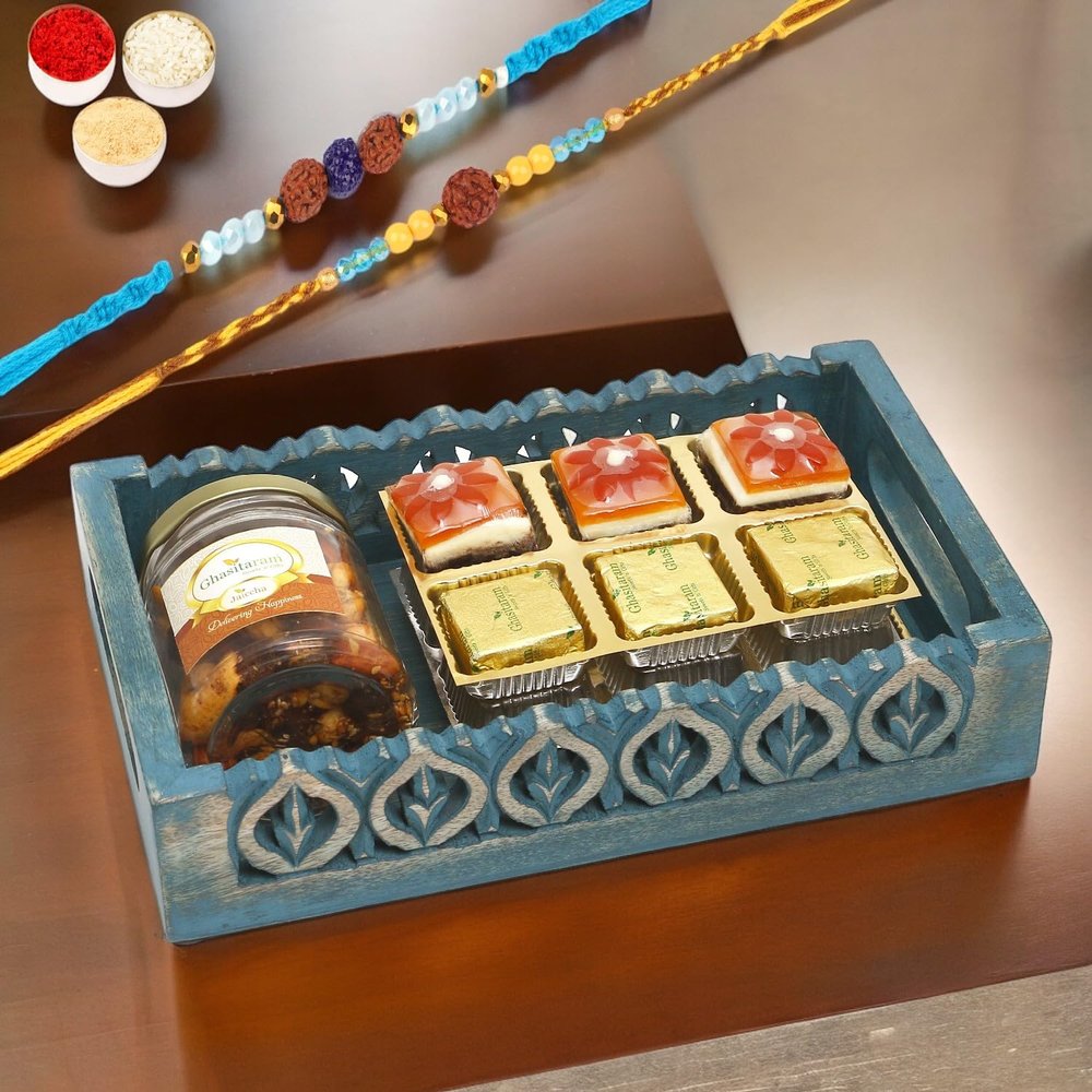 Ghasitaram Gifts Rakhi Gifts for Brothers Blue Wooden Tray with Assorted Bites and Mix Dryfruits Jar with 2 Blue Rudraksh Rakhis