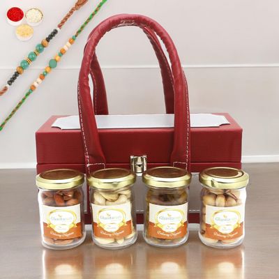 Ghasitaram Gifts Rakhi Gifts for Brothers Apex Wooden Box of 4 Dryfruits Jars with 2 Green Beads Rakhis