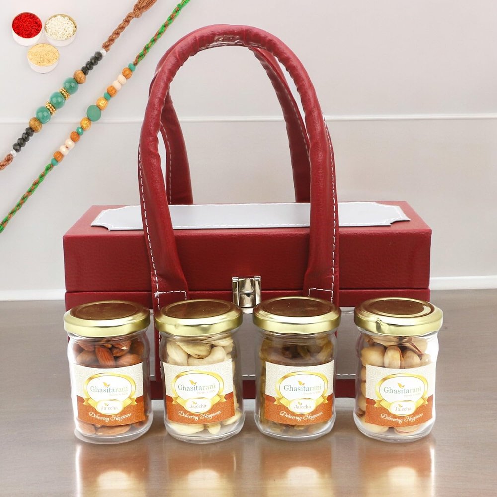 Ghasitaram Gifts Rakhi Gifts for Brothers Apex Wooden Box of 4 Dryfruits Jars with 2 Green Beads Rakhis