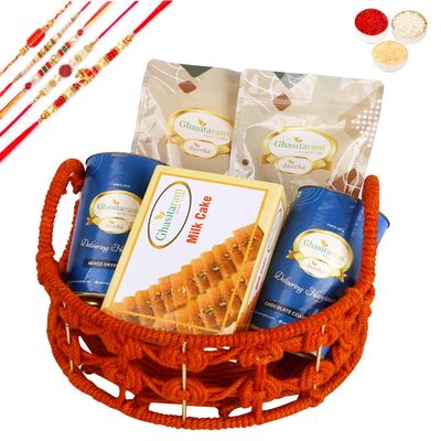 Ghasitaram Gifts Rakhi Gifts for Brothers Orange Jute Basket of assortments with Milk Cake with 5 rakhis