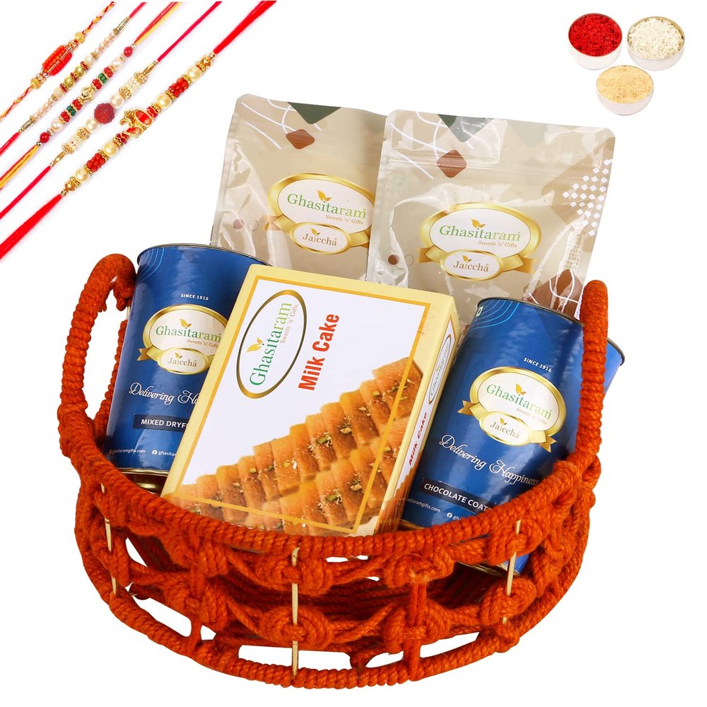 Ghasitaram Gifts Rakhi Gifts for Brothers Orange Jute Basket of assortments with Milk Cake with 5 rakhis