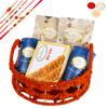 Ghasitaram Gifts Rakhi Gifts for Brothers Orange Jute Basket of assortments with Milk Cake with 5 rakhis view 1