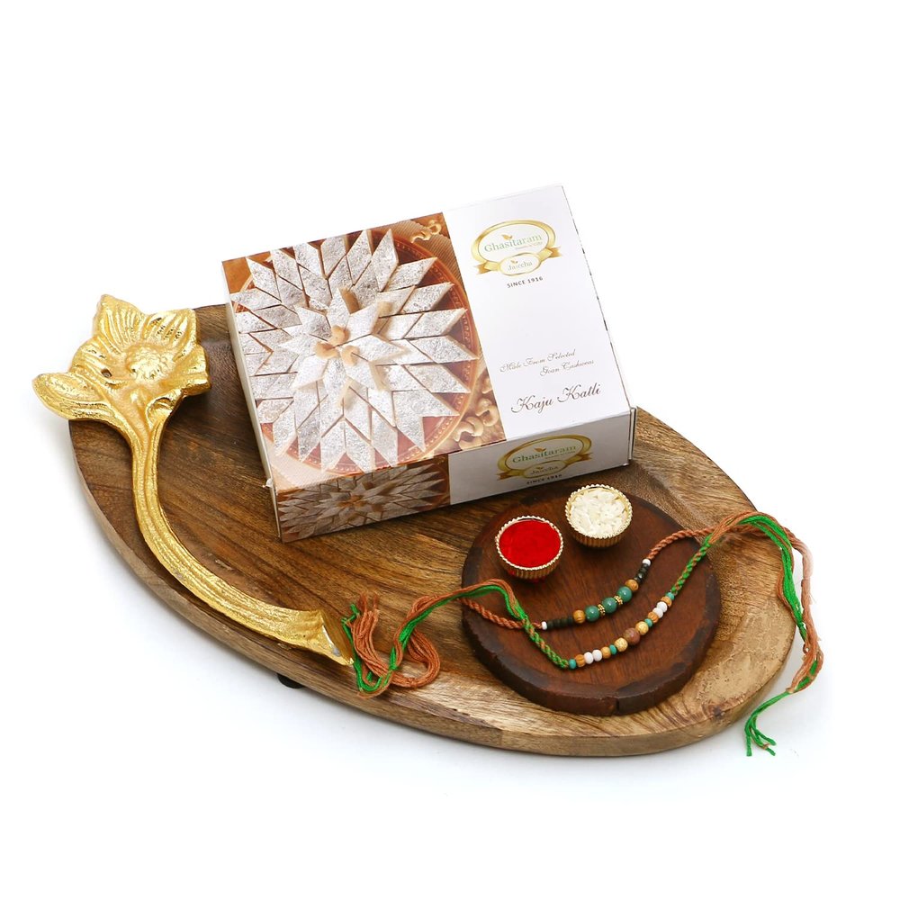 Ghasitaram Gifts Rakhi Gifts for Brothers Wooden Platter of Kaju Katlis, Pooja Thali and 2 Rakhis