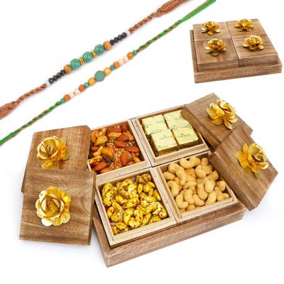 Ghasitaram Gifts Rakhi Gifts for Brothers Wooden 4 Assorted Dryfruits Box with 2 Green Beads Rakhis