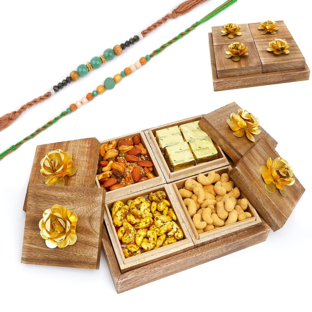 Ghasitaram Gifts Rakhi Gifts for Brothers Wooden 4 Assorted Dryfruits Box with 2 Green Beads Rakhis