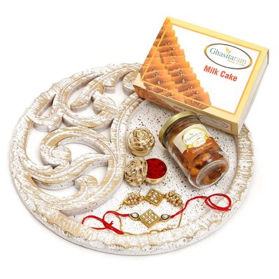 Ghasitaram Gifts Rakhi Gifts for Brothers White Wooden Thali with Mix Dryfruits, Milk Cake and Bhaiya Bhabhi Rakhis