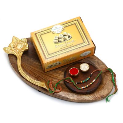 Ghasitaram Gifts Rakhi Gifts for Brothers Wooden Platter of Soan Papdi, Pooja Thali and 2 Rakhis