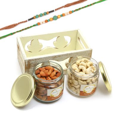 Ghasitaram Gifts Rakhi Gifts for Brothers White Wooden Tray of 2 Jars of Cashews and Almonds with 2 Green Beads Rakhis