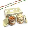 Ghasitaram Gifts Rakhi Gifts for Brothers White Wooden Tray of 2 Jars of Cashews and Almonds with 2 Green Beads Rakhis view 1