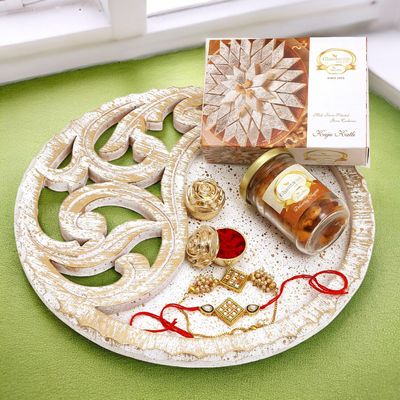 Ghasitaram Gifts Rakhi Gifts for Brothers White Wooden Thali with Mix Dryfruits, Kaju Katlis and Bhaiya Bhabhi Rakhis