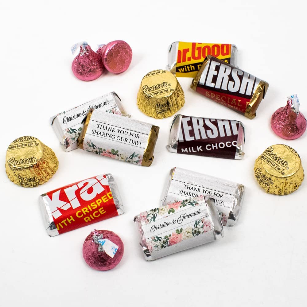 200pcs Personalized Wedding Candy Kit, Party Favors for Guests, Candy Table Supplies (Custom Miniatures, Kisses, Peanut Butter Cups) - Pink Botanical