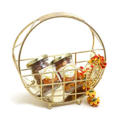Ghasitaram Gifts Rakhi Gifts for Brothers Half Moon Metal Basket of Chocolate Almonds, Mix Dryfruits and Bhaiya Bhabhi Rakhis
