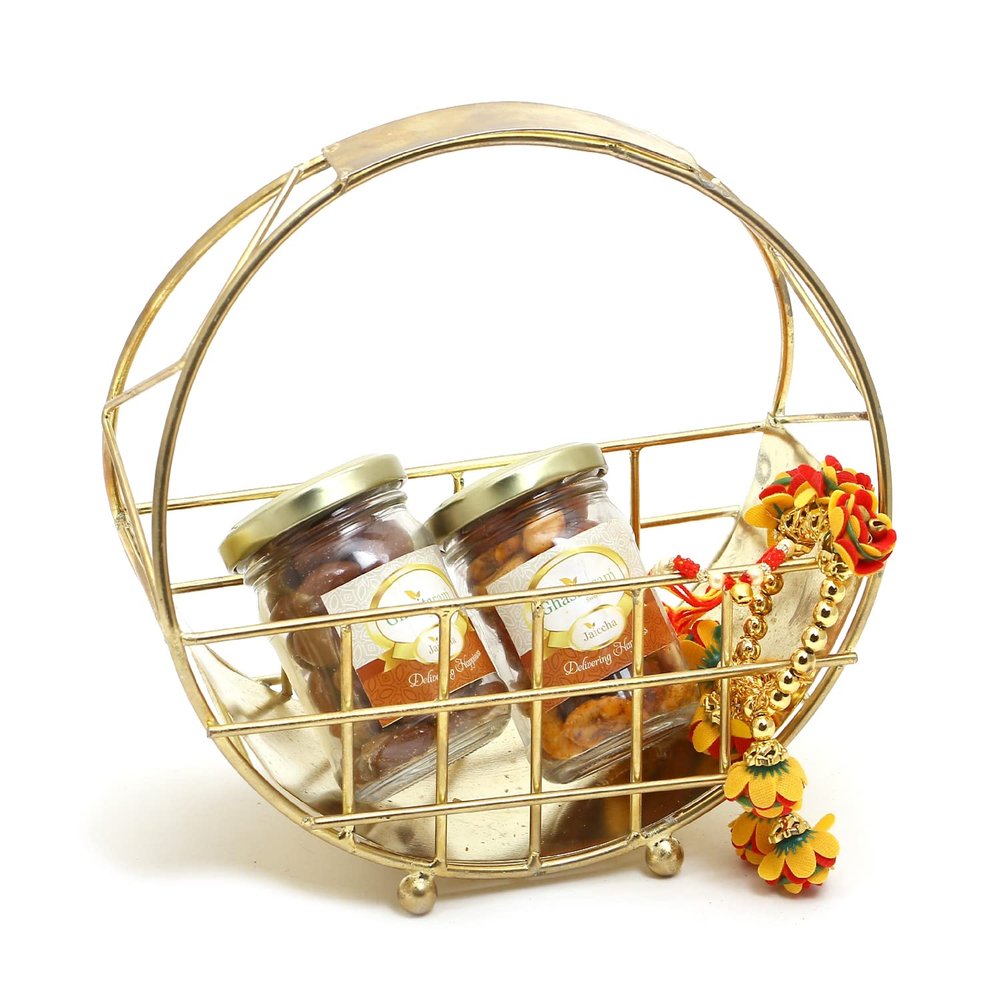 Ghasitaram Gifts Rakhi Gifts for Brothers Half Moon Metal Basket of Chocolate Almonds, Mix Dryfruits and Bhaiya Bhabhi Rakhis