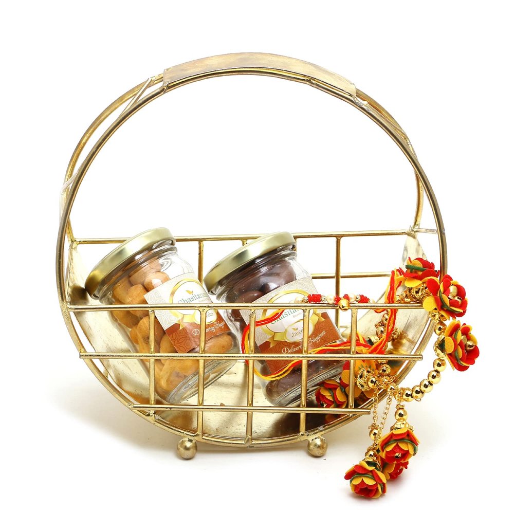 Ghasitaram Gifts Rakhi Gifts for Brothers Half Moon Metal Basket of Chocolate Almonds, Crunchy Cashews and Bhaiya Bhabhi Rakhis