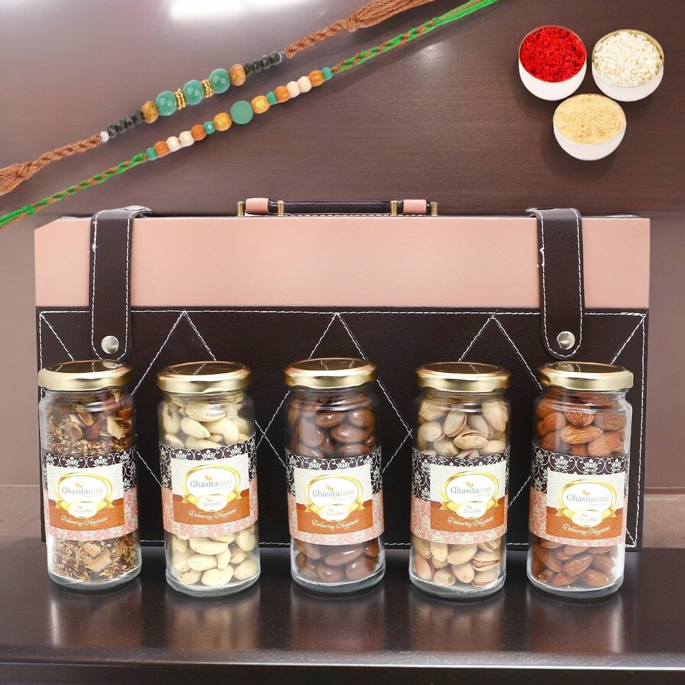 Ghasitaram Gifts Rakhi Gifts for Brothers Signature Wooden Box Wooden with 5 Assortments Variation with 2 Green Beads Rakhis