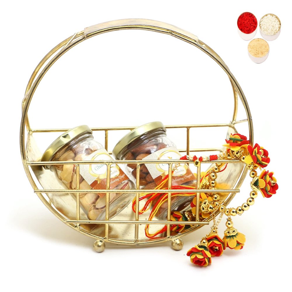 Ghasitaram Gifts Rakhi Gifts for Brothers Half Moon Metal Basket of Almonds, Pistachios with and Bhaiya Bhabhi Rakhis