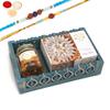 Ghasitaram Gifts Rakhi Gifts for Brothers Blue Wooden Tray with Kaju Katlis and Mix Dryfruits Jar with 2 Blue Rudraksh Rakhis view 1