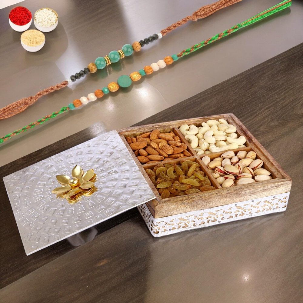 Ghasitaram Gifts Rakhi Gifts for Brothers Wooden Metal Box of 4 Dryfruits with 2 Green Beads Rakhis