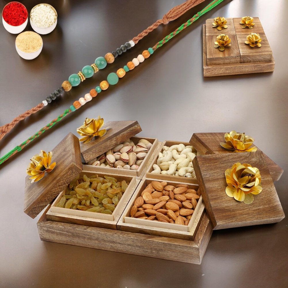 Ghasitaram Gifts Rakhi Gifts for Brothers Wooden 4 Dryfruits Box with 2 Green Beads Rakhis