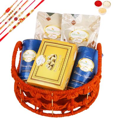 Ghasitaram Gifts Rakhi Gifts for Brothers Orange Jute Basket of assortments with Soan Papdi with 5 rakhis