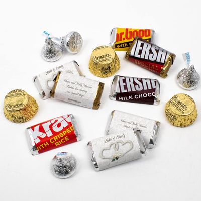 200pcs Personalized Wedding Candy Kit, Chocolate Party Favors for Guests, Candy Table Supplies (Custom Wrapped Miniatures, Kisses, Peanut Butter Cups) - Two Hearts