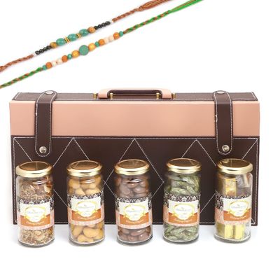 Ghasitaram Gifts Rakhi Gifts for Brothers Signature Wooden Box Wooden with 5 Assortments with 2 Green Beads Rakhis