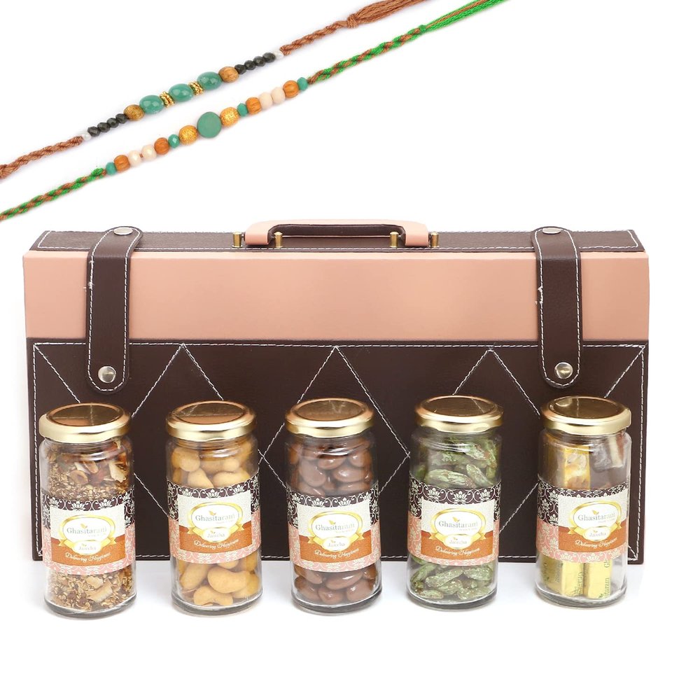 Ghasitaram Gifts Rakhi Gifts for Brothers Signature Wooden Box Wooden with 5 Assortments with 2 Green Beads Rakhis