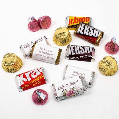 200pcs Personalized Wedding Candy Kit, Chocolate Party Favors for Guests, Candy Table Supplies (Custom Wrapped Miniatures, Kisses, Peanut Butter Cups) - Pink Floral