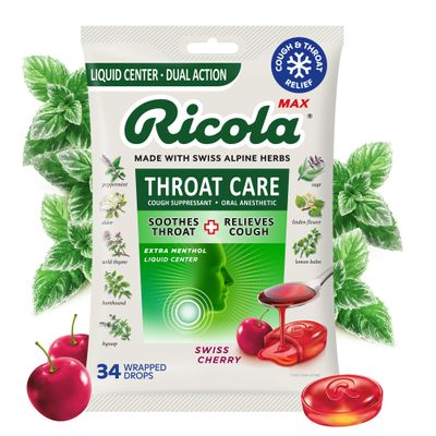Ricola Max Swiss Cherry Throat Care Large Bag | Cough Suppressant Drops | Dual Action Liquid Center | Soothing Long-Lasting Relief - 34 Count (Pack of 1)