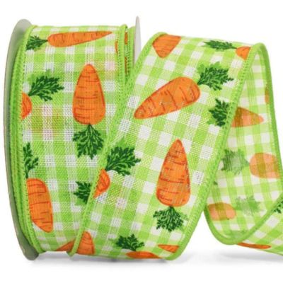1 Pcs 1 1/2"W Spool Gingham Wired Ribbon Bunny Carrots Green White Color 10 Yards, Ribbon for Gift Wrapping | #AA120RK