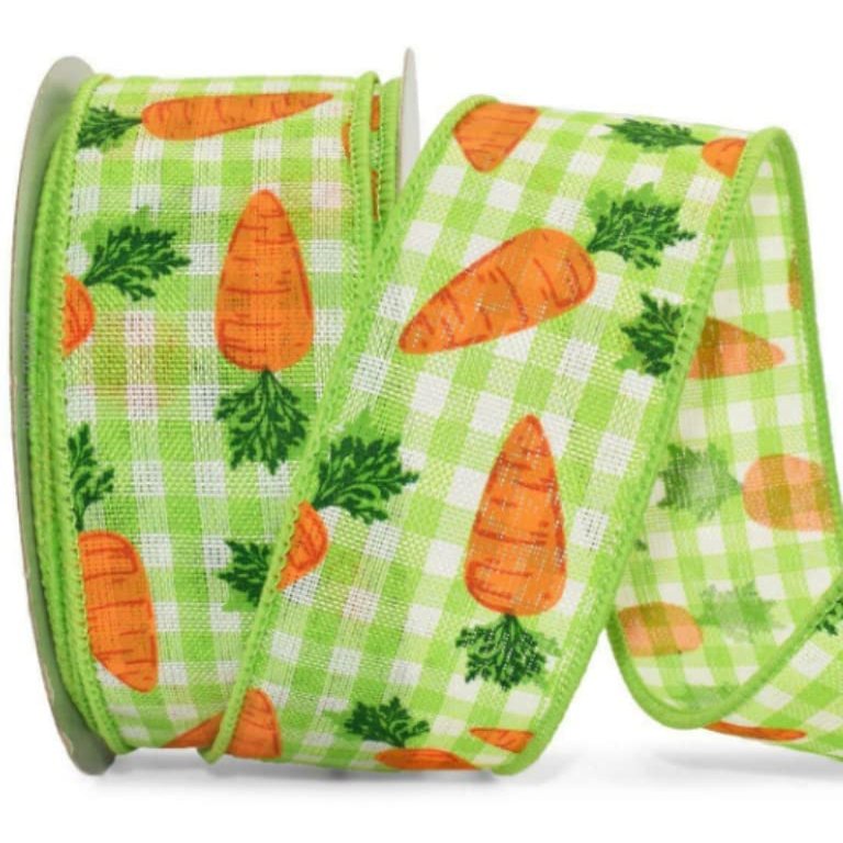 1 Pcs 1 1/2"W Spool Gingham Wired Ribbon Bunny Carrots Green White Color 10 Yards, Ribbon for Gift Wrapping | #AA120RK