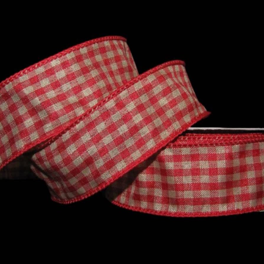 1 Pcs 1 1/2"W Gingham Wired Ribbon Red Beige Tea Color 10 Yards, Ribbon for Gift Wrapping | #AA120RK