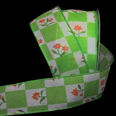 1 Pcs 1 1/2"W Sheer Wired Ribbon Gingham Flower Orange Checkered Color 10 Yards, Ribbon for Gift Wrapping | #AA120RK
